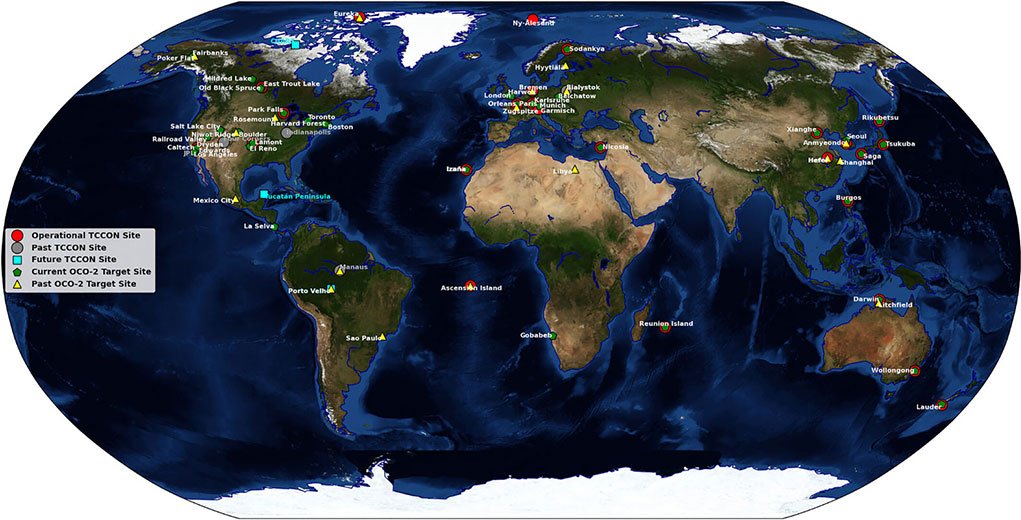map of TCCON stations and OCO-2 Target sites