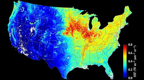 NASA OCO-2 satellite map showing plant photosynthesis in the United States using chlorophyll fluorescence to detect growth and stress patterns